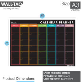 WallTAC Re-Adhesive Dry Erase Modern Blackboard Monthly Wall Planner Calendar - Rainbow Tabs