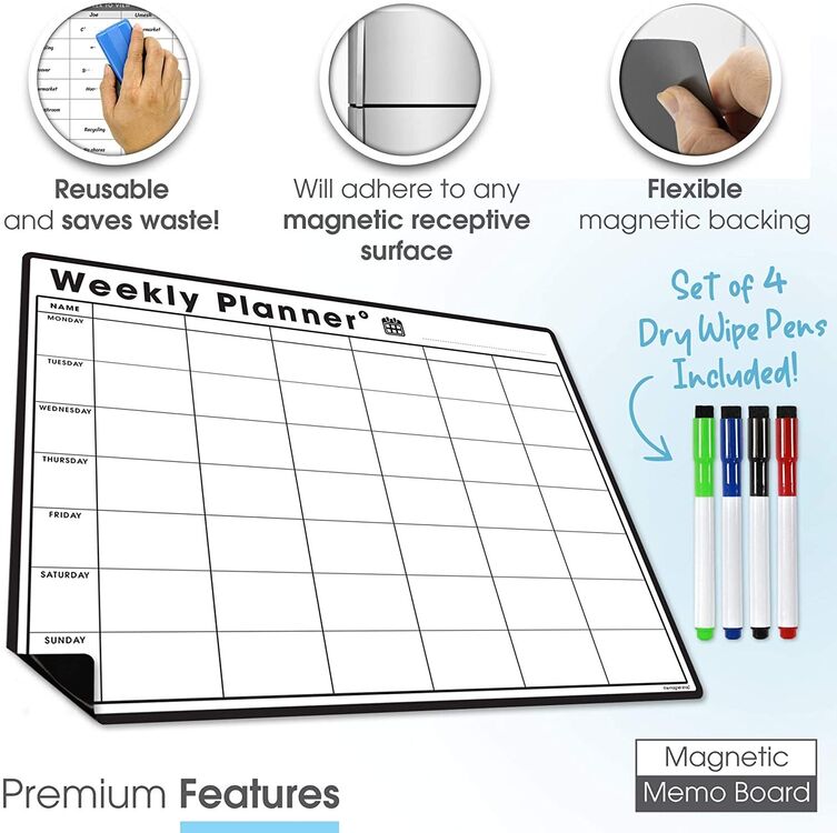 Fully Customisable Whiteboard A3 Magnetic Weekly Planner and Organiser 