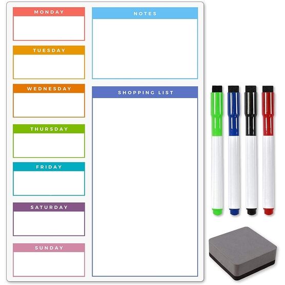 Magnetic Multi-Coloured Weekly Meal Planner, Whiteboard Shopping List & Notes