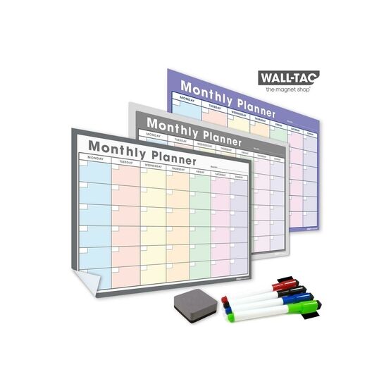 WallTAC Re-Adhesive Dry Wipe Monthly Wall Planner Calendar Organiser - Pastel