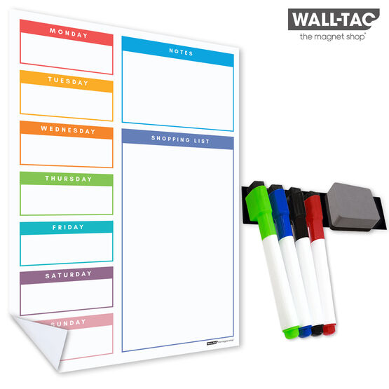 WallTAC Re-Adhesive Wall Planner and Dry Erase Weekly Menu Organiser in Rainbow Design